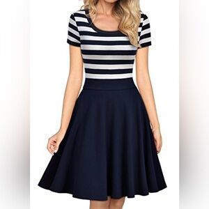 Miusol Women's Striped Fit & Flare Dress Contrast Striped Casual Swing Sz L